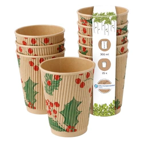 BIOZOYG 25 Stück braune Riffelbecher/Kaffeebecher Pappbecher Wintermotiv 'Zweige' 300ml / 12 oz - umweltfreundlich recycelbar & ungebleicht - Kaffeebecher to go Bio Öko