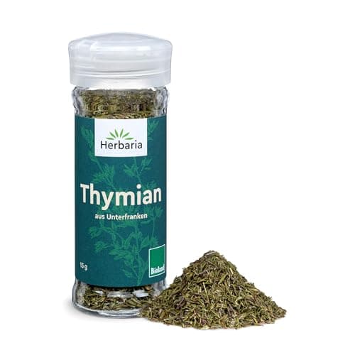 Herbaria Thymian bio 15g Streuer – Bio Thymian getrocknet und gerebelt in Bioland-Qualität – Bio-Kräuter - Bio-Gewürz – mediterrane Kräuter - Premium Bio-Qualität - im praktischen Glas-Gewürzstreuer Bio Öko Vegan