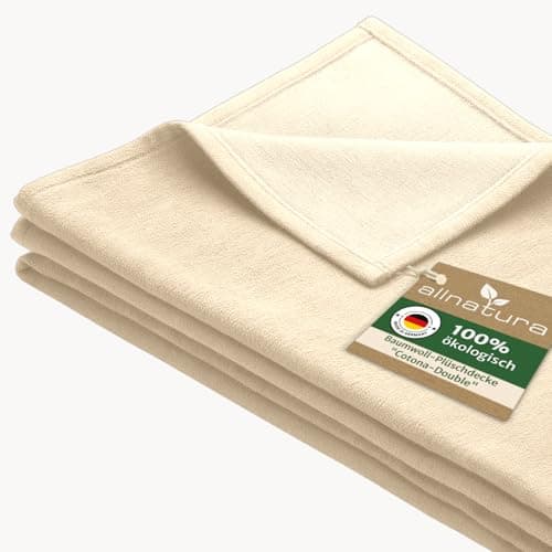 allnatura Flauschige Baumwoll-Plüschdecke Cotona-Double 140x200 cm in Natur, Made in Germany - große GOTS-zertifizierte Sofadecke 100% Bio-Baumwolle - waschmaschinenfeste Wohndecke Couchdecke Bio Öko