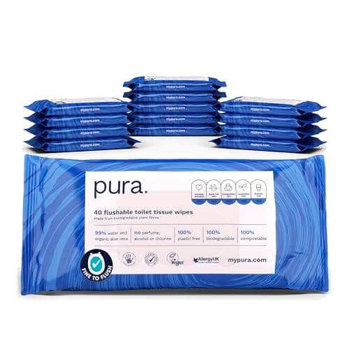 Pura Öko Spülbares Feuchtpapier, 560 Tücher (14 x 40 Tücher), Monatspackung, 100% Plastikfrei, 99% Wasser, Sensible und Pflegende Feuchttücher, Zertifiziert "Fine to Flush", Biologisch Abbaubar, Vegan Bio Öko Vegan