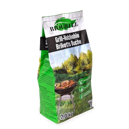 BIOGRILL Holzkohle Briketts 2 kg aus Reiner Buche, Premium Qualität Grillkohle Briketts, Perfekt für Grill & BBQ und Dutch Oven, Extra Lange Brenndauer Intensive Glut. (2 kg) Bio Öko