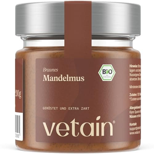 VETAIN Bio Mandelmus Cremig 200g - 100% Bio-Mandeln - reich an Protein & Ballastoffen - ohne Zuckerzusatz & Palmöl - vegan & glutenfrei - perfekt als Topping für Müsli und Porridge Bio Öko Vegan