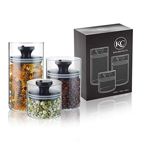 Vorratsgläser mit Vakuumdeckel, Luftdichte Aufbewahrung, Vorratsdose mit Deckel, mottensichere Gläser, Kaffeedose aus Glas, BPA-frei, Borosilikatglas Behälter, nachhaltige Aufbewahrung (3-er Set) Öko