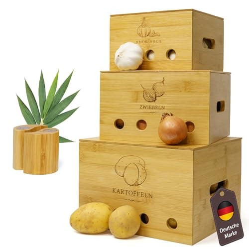 Bazeline Creations® Nachhaltige Bambus Trio Kartoffel Aufbewahrungsbox [3er Set] mit Deckel, Zwiebel & Knoblauch Aufbewahrung, Umweltfreundliche Küche mit Belüftungslöchern (Braun) Öko