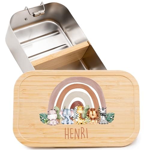 Kidsmood - Personalisierte Brotdose Kinder mit Fächern, Edelstahl Lunchbox mit Bambusdeckel | Schadstoffrei bedruckt, mit niedlichem Tier-Motiv & Namen, Geschenke zur Einschulung Mädchen & Jungen