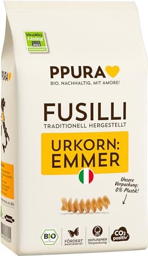 PPURA Bio Fusilli Emmer Pasta 500 g, 100% natürliche Spiralnudeln aus dem Urkorn Emmer, Made in Italy - italienische Nudeln ohne Zusatz-, Farb- oder Konservierungsstoffe Bio Öko