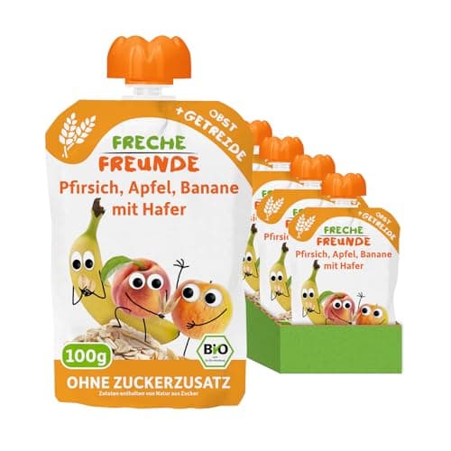 FRECHE FREUNDE Bio Quetschie Pfirsich, Apfel, Banane mit Hafer, Fruchtmus mit Getreide im Quetschbeutel für Babys ab dem 6. Monat, vegan, 6er Pack (6 x 100g) Bio Vegan