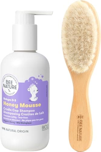 Bee Nature - Milchschorf-Set - Bio-Babyshampoo und Holzbürste - Milchschorf-Behandlung - Geeignet für Neugeborene, Kleinkinder, Kinder und Erwachsene Bio