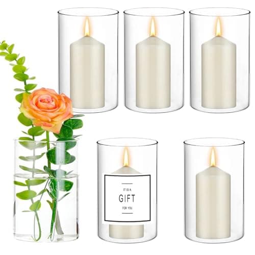 6 Stück Glasvase 10 × 8.5cm - Glasvase Zylinder mit 6 Sticker Hinzufügen, Glaszylinder für Kerzen Glas, Multifunktionale Vase Glas für Tischdeko für Kerzen Blumen Kieselsteine Dekor und Aromatherapie