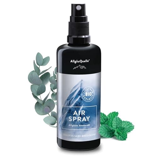 AllgäuQuelle® BIO-Airspray mit 100% Bio-Öle Allgäuer Atemwohl Eukalyptus Salbei Minze Cajeput (100ml). Natürlicher BIO-Raumduft m. ätherische Öle. BIO-Raumspray naturrein und biologisch. Bio Vegan