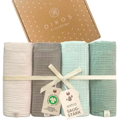 Dikos® Baby Mulltücher 4er Premium Set (Creme, Taupe, Mint & Salbei) – 64x64cm – saugstarke Musselintücher aus weicher Bio-Baumwolle (GOTS & Oeko-TEX) – Spucktücher Neugeborene – Geschenk zur Geburt