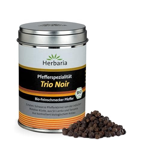 Herbaria Trio Noir bio 75g M-Dose – Bio Pfeffer schwarz ganz – ganze Pfefferbeeren – schwarze Pfeffermischung aus biologischem Anbau von drei verschiedenen Regionen - in nachhaltiger Aromaschutz-Dose Bio Öko Vegan