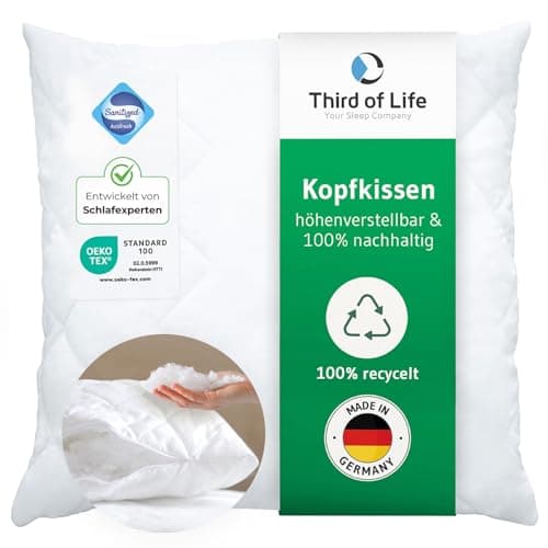 Kopfkissen 80x80 VERDA, Made in Germany, 100% nachhaltig, Orthopädisches Schlaf-Kissen 80 x 80, Polster aus recycelten Fasern, Höhenverstellbar für Bauch-, Rücken-, Seitenschläfer, Allergiker geeignet Öko