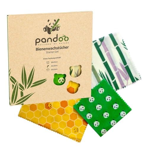 pandoo Bienenwachstücher Starter-Set aus Bio Baumwolle und Bienen-Wachs | plastikfrei, natürlich und nachhaltig | Alternative zu Frischhaltefolie, Alufolie und Frischhaltebox aus Plastik Bio Öko