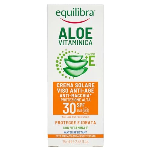 Equilibra, Sonnencreme für das Gesicht, LSF 30, 75 ml, Sonnenschutz für das Gesicht, Anti-Aging und Anti-Flecken*, parfümfrei, mit Aloe Vera, Vitamin E, Karottenöl, Arganöl, Kokosnuss und Sheabutter