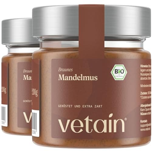 VETAIN Bio Mandelmus Cremig - 100% Bio-Mandeln - reich an Protein & Ballastoffen - ohne Zuckerzusatz & Palmöl - vegan & glutenfrei - perfekt als Topping für Müsli und Porridge (2 x 200g) Bio Öko Vegan