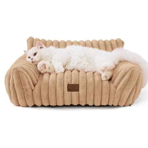 BEDSURE Katzenbett groß orthopädisches Katzensofa - 61x46x25cm Hundesofa kleine Hunde waschbar Katzencouch, rutschfeste Katzenbett flauschig, Kamel Öko Vegan