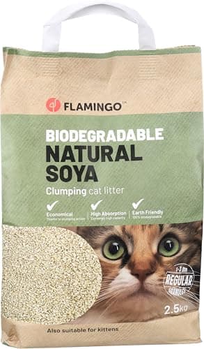 Flamingo Klumpstreu aus Soja - Feine Körnung, 2,5 kg für 6 Wochen, Biologisch Abbaubar, Staubarm und Geruchsbindend, Ideal für Maine Coon, Britisch Kurzhaar, Ragdoll, Norwegische Waldkatze usw. Bio Öko