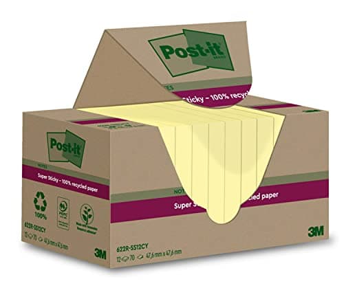Post-it Super Sticky 100% Recycling Notes, 12 Blöcke, 70 Blätter pro Block, 47.6 mm x 47.6 mm, Gelb - Extra starke Haftnotizen aus 100% Recyclingpapier Öko
