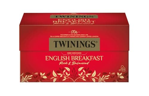 Twinings ENGLISH BREAKFAST Schwarzer Tee im Teebeutel - kräftiger Schwarztee aus hochwertigen Teeblättern, gepflückt in Sri Lankas & Indiens besten Teegärten, 1er Pack (25 Beutel) Öko