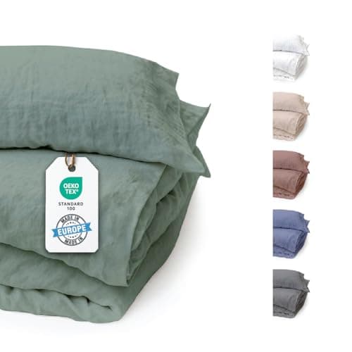 BLUE MOON Bettwäsche 135x200 Leinenbettwäsche [ÖKO-TEX] - 2teilig - 1 Bettbezug 135 x 200 + 1 Kissenbezug 80x80 cm - Luxuriöse Leinen Bettwäsche aus 100% Leinen - Made in EU - Stone Washed - grün Öko