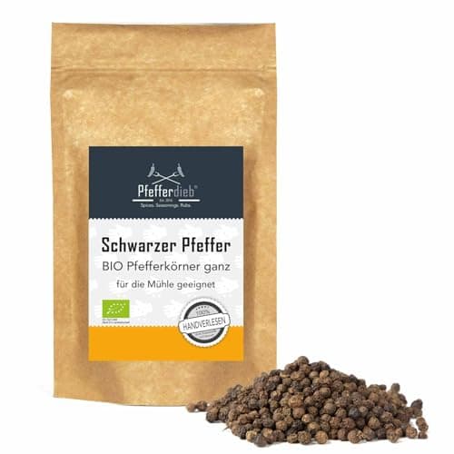 Schwarzer Pfeffer BIO | Pfefferkörner ganz | Premium Qualität direkt aus Gewürzgarten, 250g - Pfefferdieb® Bio Öko