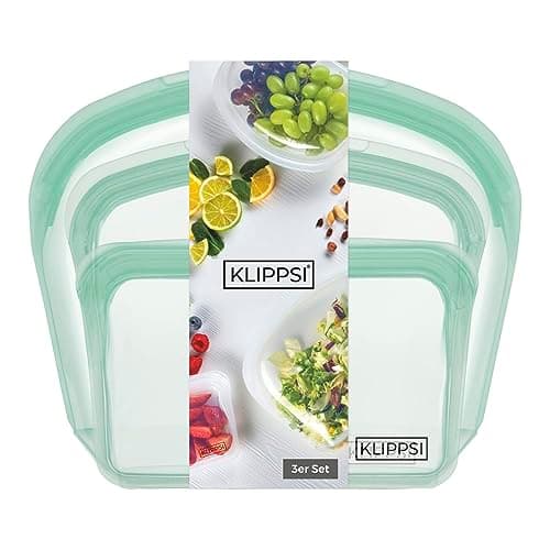 KLIPPSI® 3er Set Wiederverwendbare Silikonbeutel Gefrierbeutel Aufbewahrungsbeutel reißfest, hitze-kältebeständig, auslaufsicher, spülmaschinengeeignet (Grün) Öko