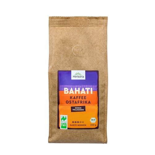 Herbaria BAHATI Bio Kaffee ganze Bohnen 250g – Naturland Fair zertifiziert aus Ostafrika – feinste Kaffee-Aromen nach gerösteten Nüssen & Schokolade – Bio Kaffeebohnen perfekt für Kaffeevollautomaten Bio Öko