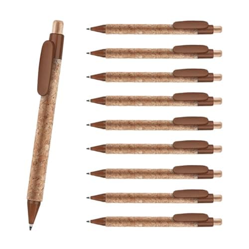 WPRO 10er Set Kugelschreiber aus Kork Kai braun | nachhaltige Schreibstifte mit Holz-Kunststoff Mix, einziehbar, blaue Mine, farbiger Clip & Spitze für Büro & Schule Öko