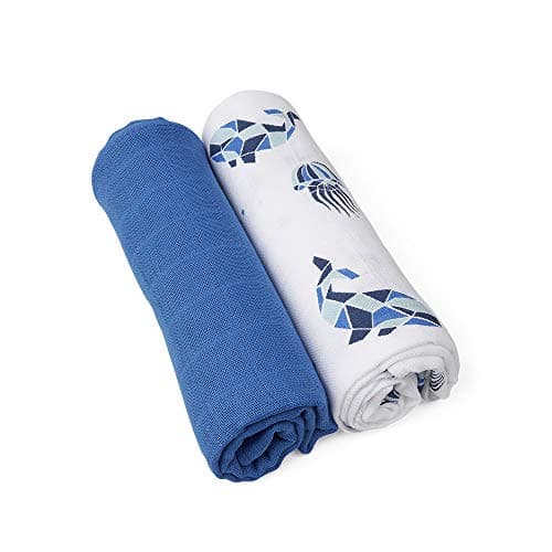GRÜNSPECHT Bio-Mullwindeln 70x70cm aus 100% Baumwolle (kbA), Spucktücher, ohne optische Aufheller, hautfreundlich & saugstark, 2 Stück, blau und Meerestiere (690-V2) - Bio - Öko