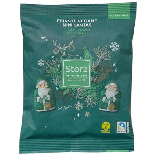 Storz Vegane Mini-Santas 100 g – Köstliche vegane Schokoladenfiguren – Feinster Weihnachtsgenuss ohne Milch – Ideal zum Befüllen, Naschen & Verschenken – Perfekt für Adventszeit, Nikolaus & festliche Öko Vegan