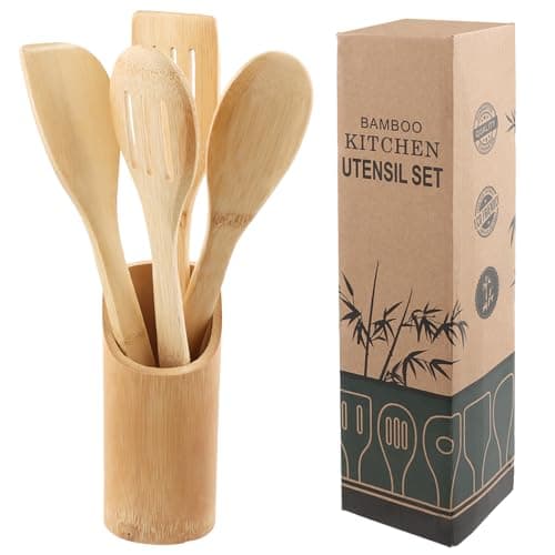 Holzlöffel Set aus Bambus inklusive Behälter - Nachhaltige Küchenhelfer - Kochlöffel, Pfannenwender, Lochkelle, Aufbewahrungsbehälter Öko