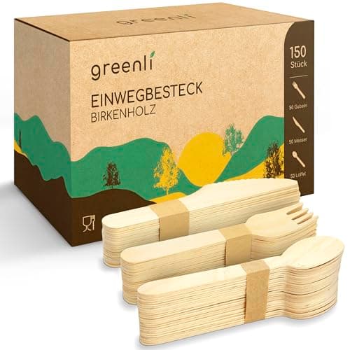 greenli® Einwegbesteck Set - 150 Holzgabeln, Holzmesser und Holzlöffel - Nachhaltiges Holzbesteck Einweg - Bio - Öko