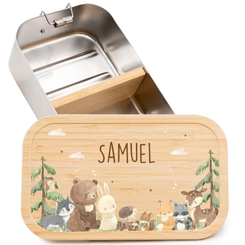 Kidsmood - Personalisierte Brotdose Kinder mit Fächern, Edelstahl Lunchbox mit Bambusdeckel | Schadstoffrei bedruckt, mit niedlichem Tier-Motiv & Namen, Geschenke zur Einschulung Mädchen & Jungen