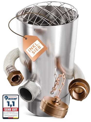 Regenwassersammler mit Sieb für Fallrohre 100mm | erhöhter Ertrag | Edelstahl | Langer 0,5m Schlauch + Fassanschluss | Fallrohr Regensammler | Regensammler für Fallrohr 100 Regentonne - Drei Eichen