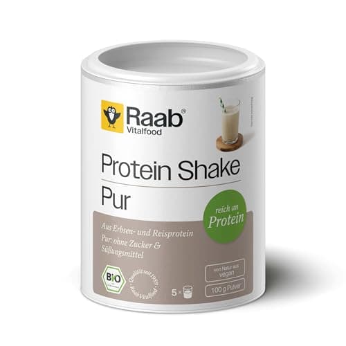 Raab Vitalfood® Bio Protein Shake Pur (100 g) - Vegan & ohne Soja, Pur ohne Zusätze, Protein-Pulver mit hohem 78% Eiweißgehalt, Mix aus Erbsen-, Reisprotein und Spinatpulver, glutenfrei, laktosefrei Bio Vegan