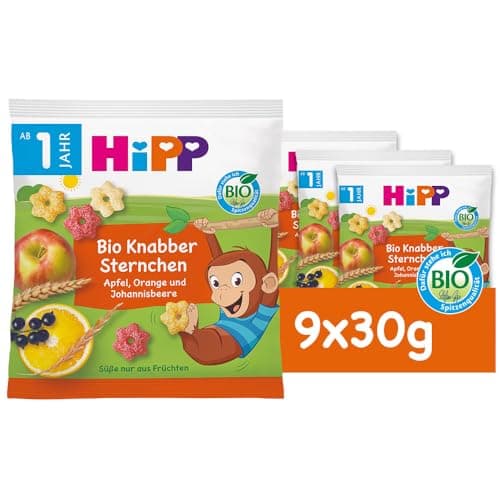 HiPP Bio für Kinder Knabberprodukte Knabber Sternchen mit Apfel, Orange und Johannisbeere, 9er Pack (9 x 30g) Bio