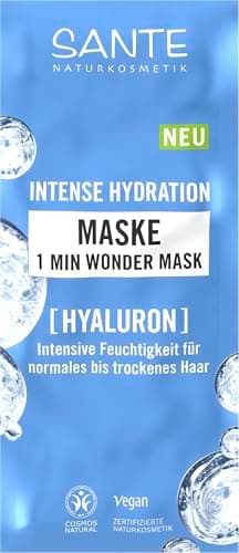 Sante Naturkosmetik Intense Hydration 1 Min Wonder Mask, intensive Sofortpflege für Feuchtigkeitsbedürftiges Haar mit Hyaluron & 3-Fach Protein Komplex, für Normales bis Trockenes Haar, vegan, 20ml Vegan