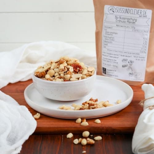 süssundclever.de® Bio Nussmischung | Erdnuss-Mandel | 1,0 kg | Studentenfutter mit Erdnüssen, Mandeln, Walnuss & Pekannuss | plastikfrei und ökologisch-nachhaltig abgepackt Bio Öko