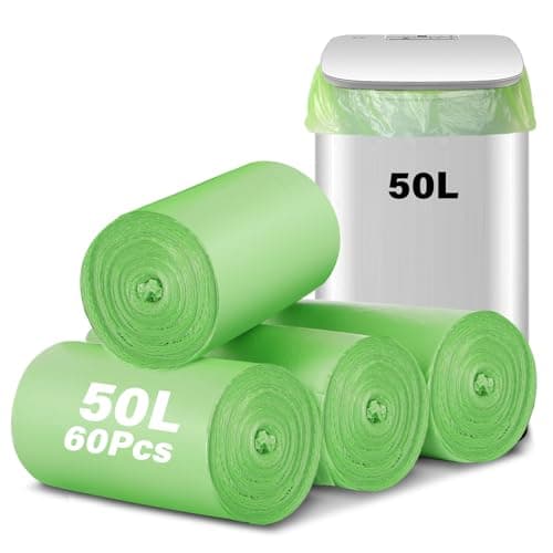 KOMABLEN 60 Stück Bio Müllbeutel 50l, 4 Rollen 13 Gallonen Tropfsichere Abbaubarer Müllsäcke, Grün Reißfeste Mülltüten Kompostierbare Recycelt für Haus, Küche, Wohnzimmer, Büro (60x80cm) Bio Öko