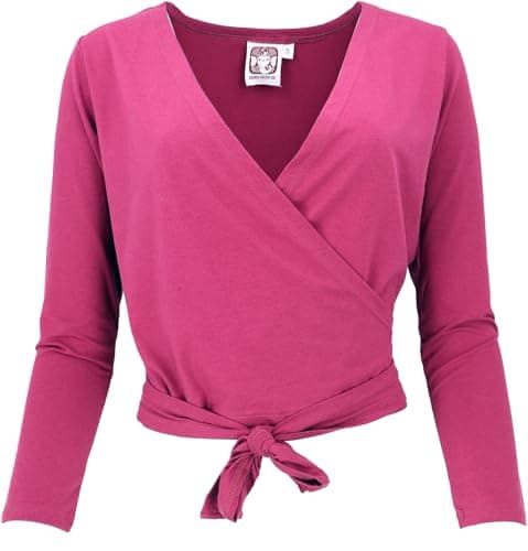 GURU SHOP Yoga Langarmshirt, Bio Baumwolle Wickelshirt, Tanzshirt - Carminrot, Damen, Synthetisch, Size:XL - Bio