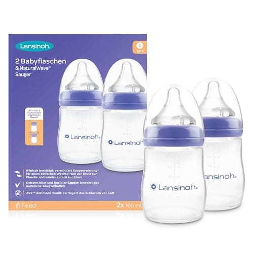 Lansinoh Babyflaschen mit NaturalWave Sauger Gr. S, 160 ml - Doppelpack - neues kompaktes Design für verbesserte Stabilität - mit stapelbarem Deckel