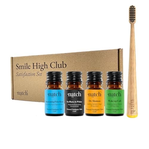 „Smile High Set“ von Natch für Reisen oder als Geschenk inkl. 4er Mini-Set je 6 Zahnpasta-Tabletten, inkl. nachhaltiger Bambus Zahnbürste, tolles Schäumen, vegan, plastikfrei und ohne Fluorid Bio Öko Vegan