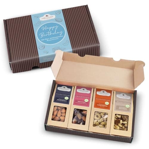WELLNUSS Happy Birthday Geschenkbox – 4 edle Snack-Sensationen im Geschenkkarton – Premium Nüsse & Trockenfrüchte – Best of Nuts Feinkost-Präsent für Geburtstag & Kollegen + Grußkarte (4 x 60-70 g) Öko