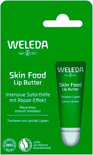 WELEDA Bio Skin Food Lip Butter Lippenpflege - Naturkosmetik Pflege Lippenbalsam Soforthilfe für spröde & trockene Lippen. Nachhaltiger Lippenstift mit Bienenwachs, Lanolin & Sonnenblumen Öl (1x 8ml) Bio Öko