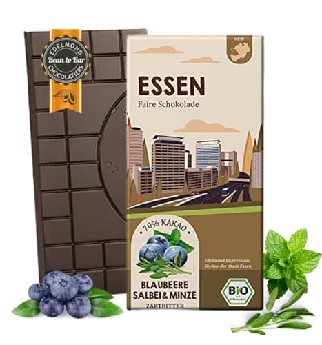 ESSEN – 75 g Bio Fair Trade Zartbitterschokolade mit Blaubeere & Minze | Geschenk aus Essen | Regionale Stadtschokolade | Vegan & nachhaltig Bio Öko Vegan