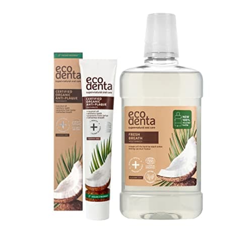 Ecodenta Zertifiziert Bio Mundhygiene-Kosmetikset I Anti-Plaque Zertifizierte Organische Toothpaste 75ml und Kokosnuss Mundwasser ohne Alkohol Mundgeruch Bekämpfen 500ml I Anti-Plaque-Mundpflege Bio Öko Vegan