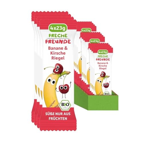 FRECHE FREUNDE Bio Fruchtriegel Banane & Kirsche, Obst Riegel für Babys und Kinder ab 1 Jahr, fruchtiger Snack ohne Zuckerzusatz, vegan, laktosefrei, 6er Pack, 6x (4x 23g) Bio Vegan