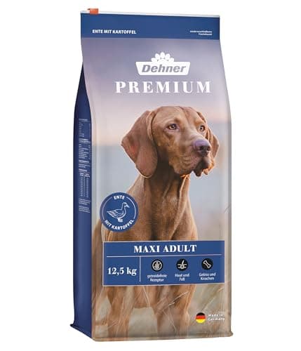 Dehner Premium Hundefutter Maxi Adult, Trockenfutter getreidefrei / zuckerfrei, für ausgewachsene Hunde großer Rassen, Ente / Lamm / Kartoffel, 12.5 kg