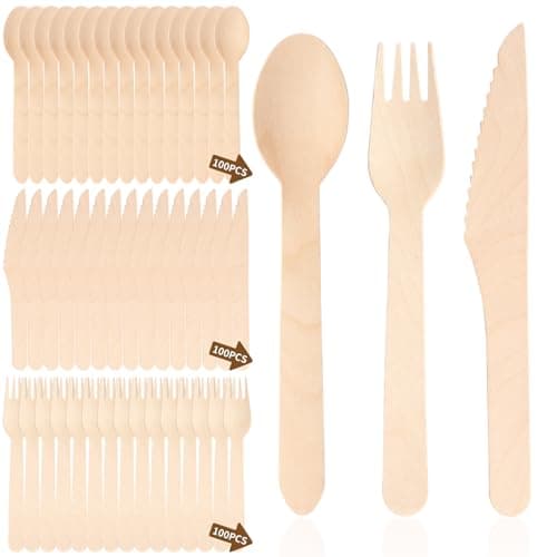 Heuchaey 300-teilig Besteck aus Holz, Eco Besteck, nachhaltig, 100 Holzgabeln, 100 Holzlöffel, 100 Holzmesser, Holzbesteck Set, biologisch abbaubar, besteck für Grillen, Party-Picknick Bio Öko